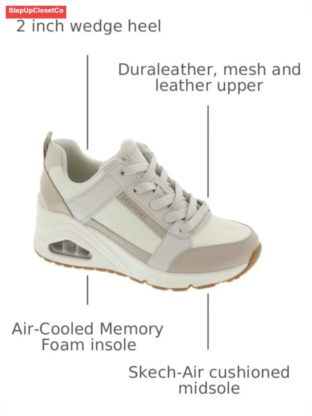 Women's Wedge Sneakers - Memory Foam, Lace-Up, 2-Inch Heel